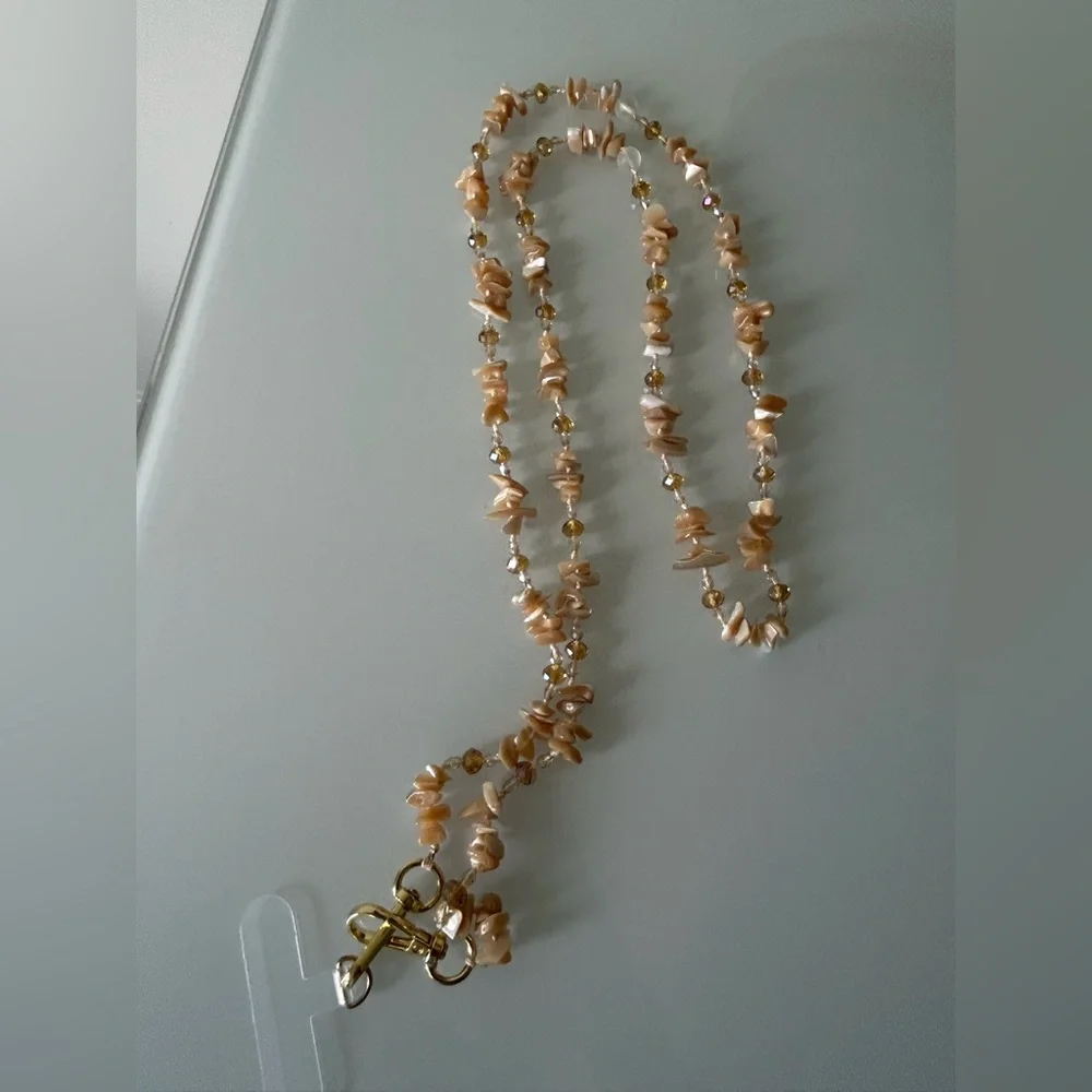 Tan mother of pearl Shell Beaded Cell Phone Strap